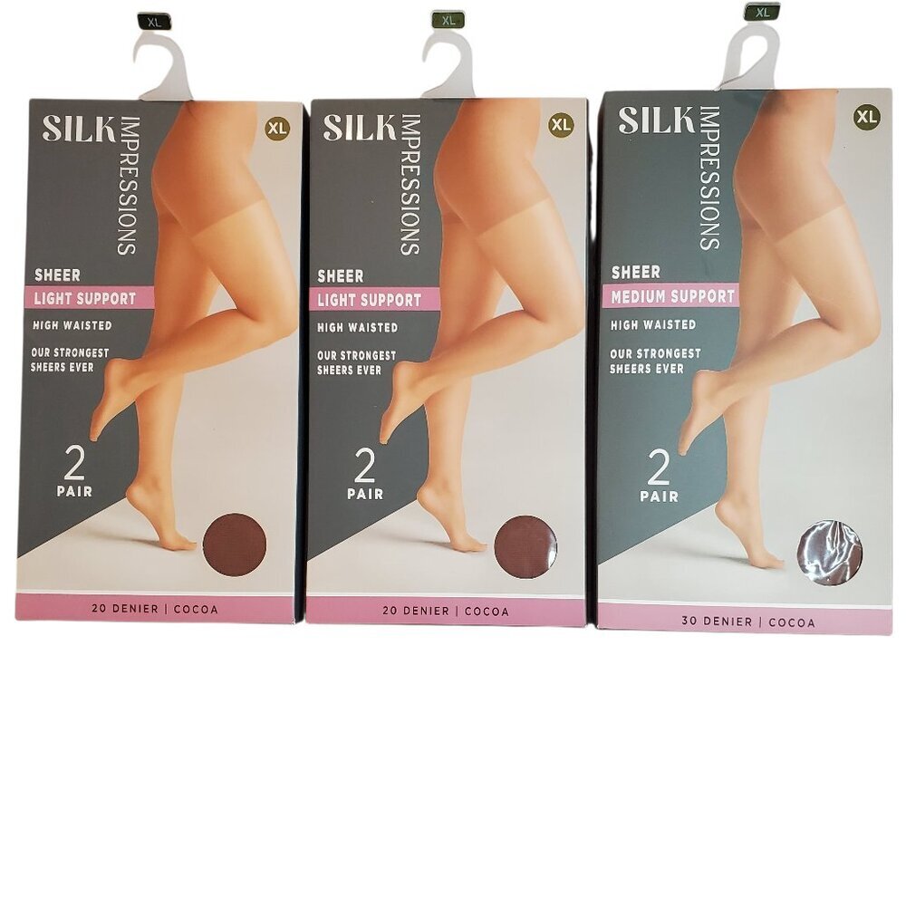 NEW 3 Packs of 2 Pair Silk Impressions SZ XL Sheer Pantyhose Tights Cocoa Brown